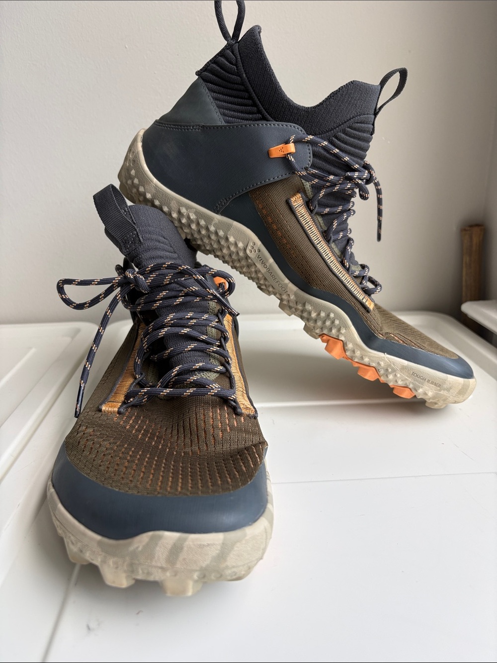 Vivo Barefoot Men's Trail Shoes in Navy, Brown and Orange Accents